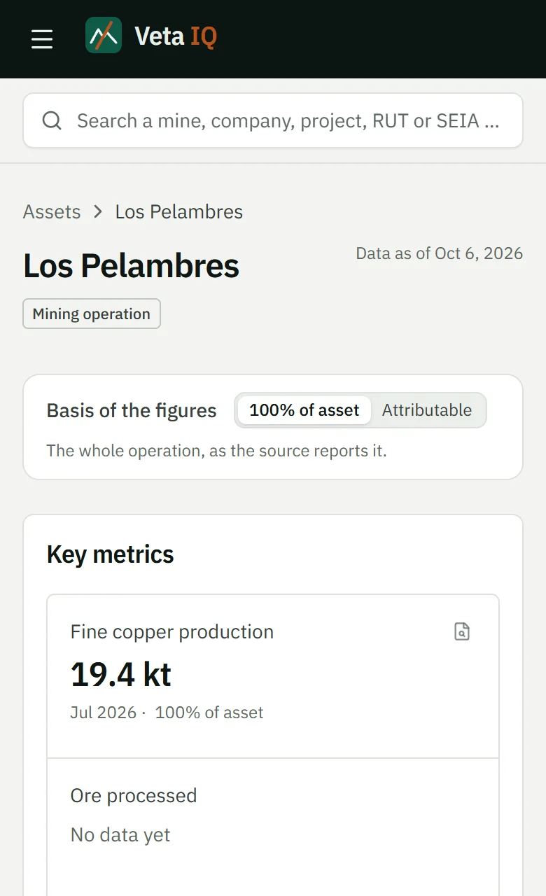 The page of Los Pelambres in Veta IQ: seven key metrics with their period and source, and the start of the production chart.