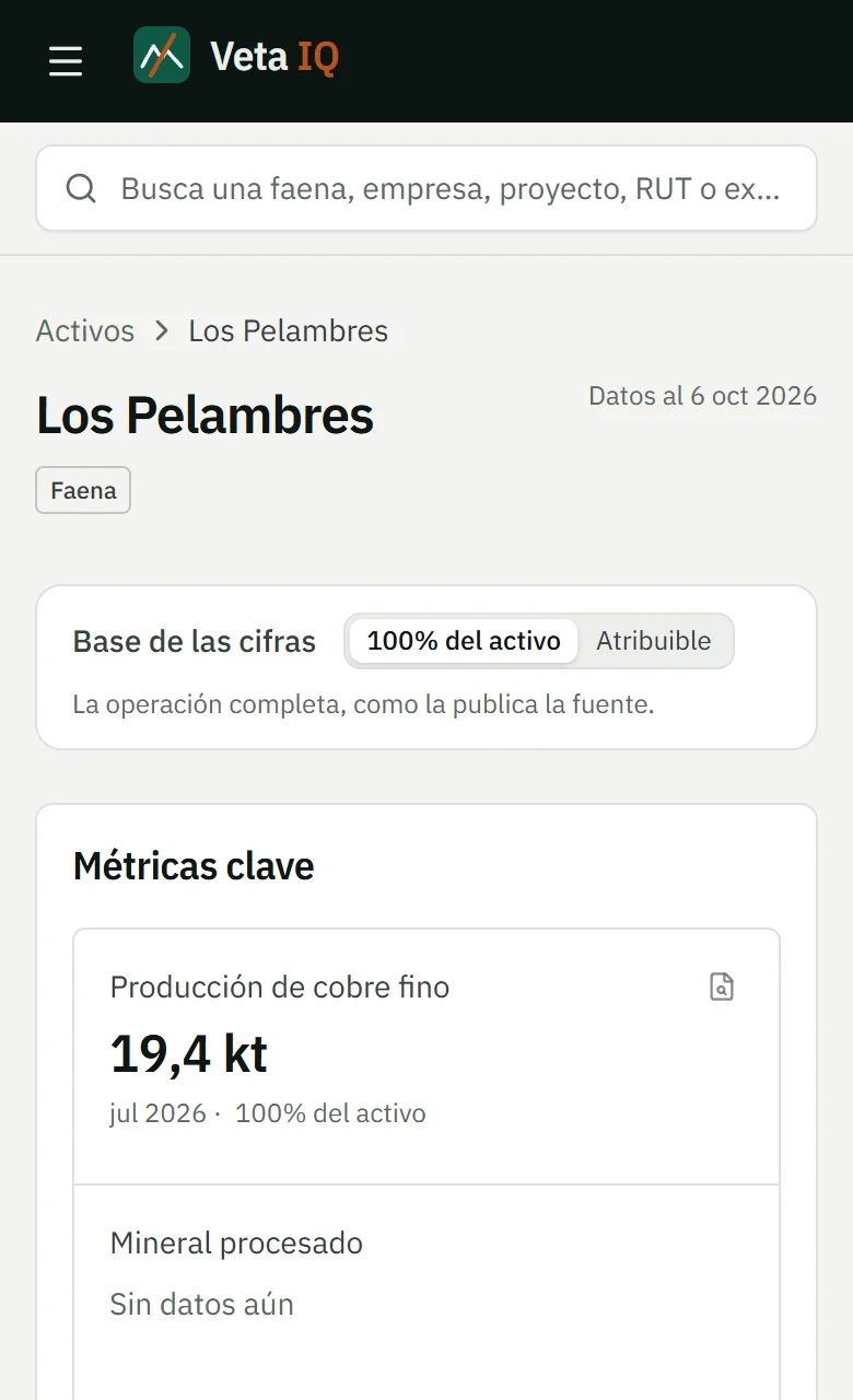Ficha de Los Pelambres en Veta IQ: siete métricas clave con su período y su fuente, y el inicio del gráfico de producción.
